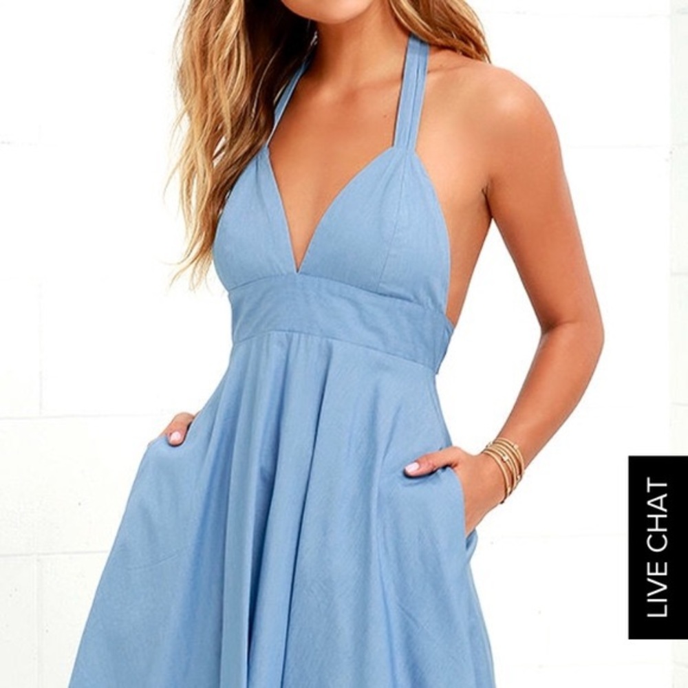 I'm Smitten Blue Chambray Halter Dress XS lulu’s